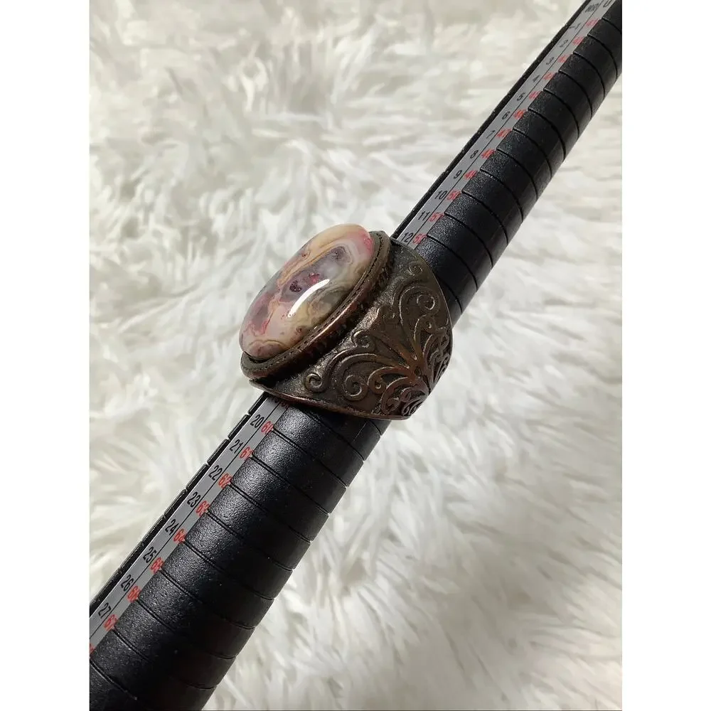Bronze Crazy Lace Agate Oval Cabochon Statement Ring Cocktail Vintage F17-11